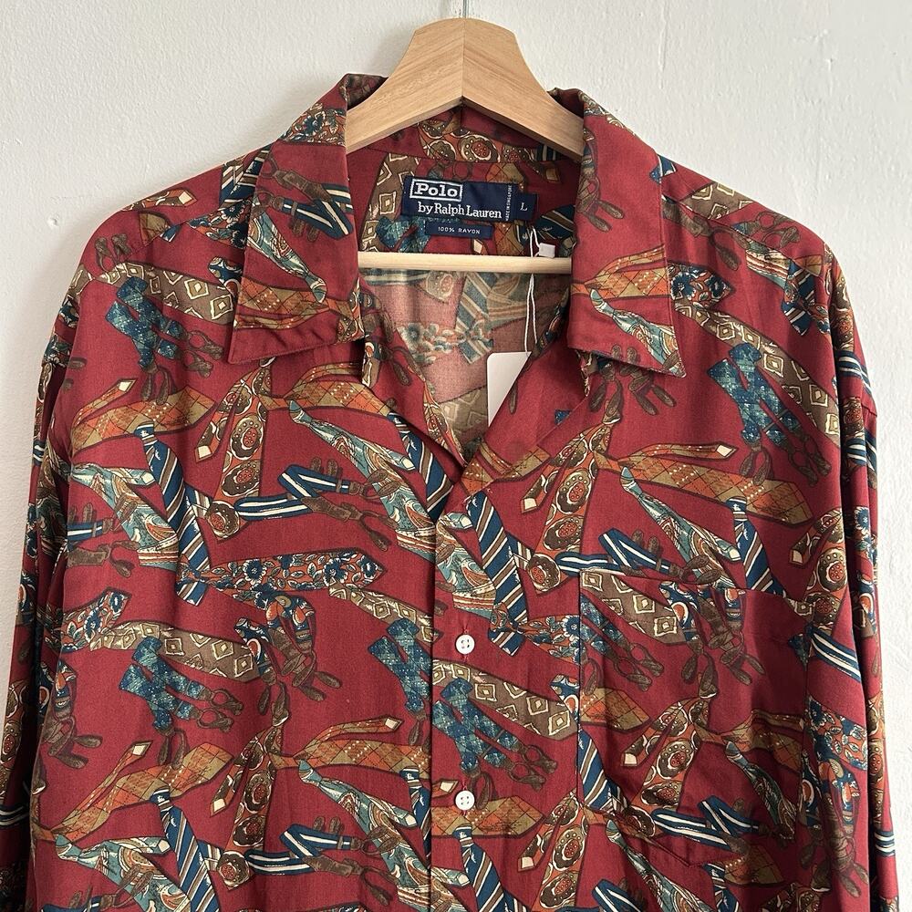 Vintage Polo Ralph Lauren Rayon Loop Collar Long Sleeve Tie All Over Print Large